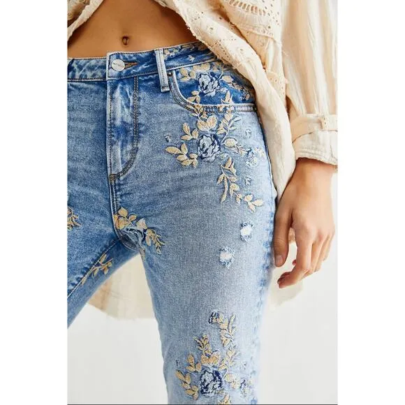 FREE PEOPLE x DRIFTWOOD GIZELLE JEANS EMBROIDERED BLUE DITZY GARDEN WOMEN Sz 27