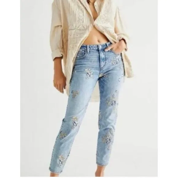 FREE PEOPLE x DRIFTWOOD GIZELLE JEANS EMBROIDERED BLUE DITZY GARDEN WOMEN Sz 27