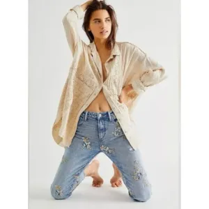 FREE PEOPLE x DRIFTWOOD GIZELLE JEANS EMBROIDERED BLUE DITZY GARDEN WOMEN Sz 27