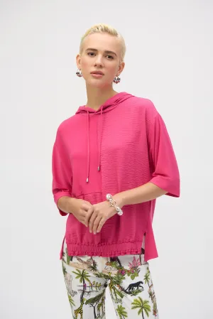 Geranium Pink Silky Knit and Gauze Hooded Boxy Top