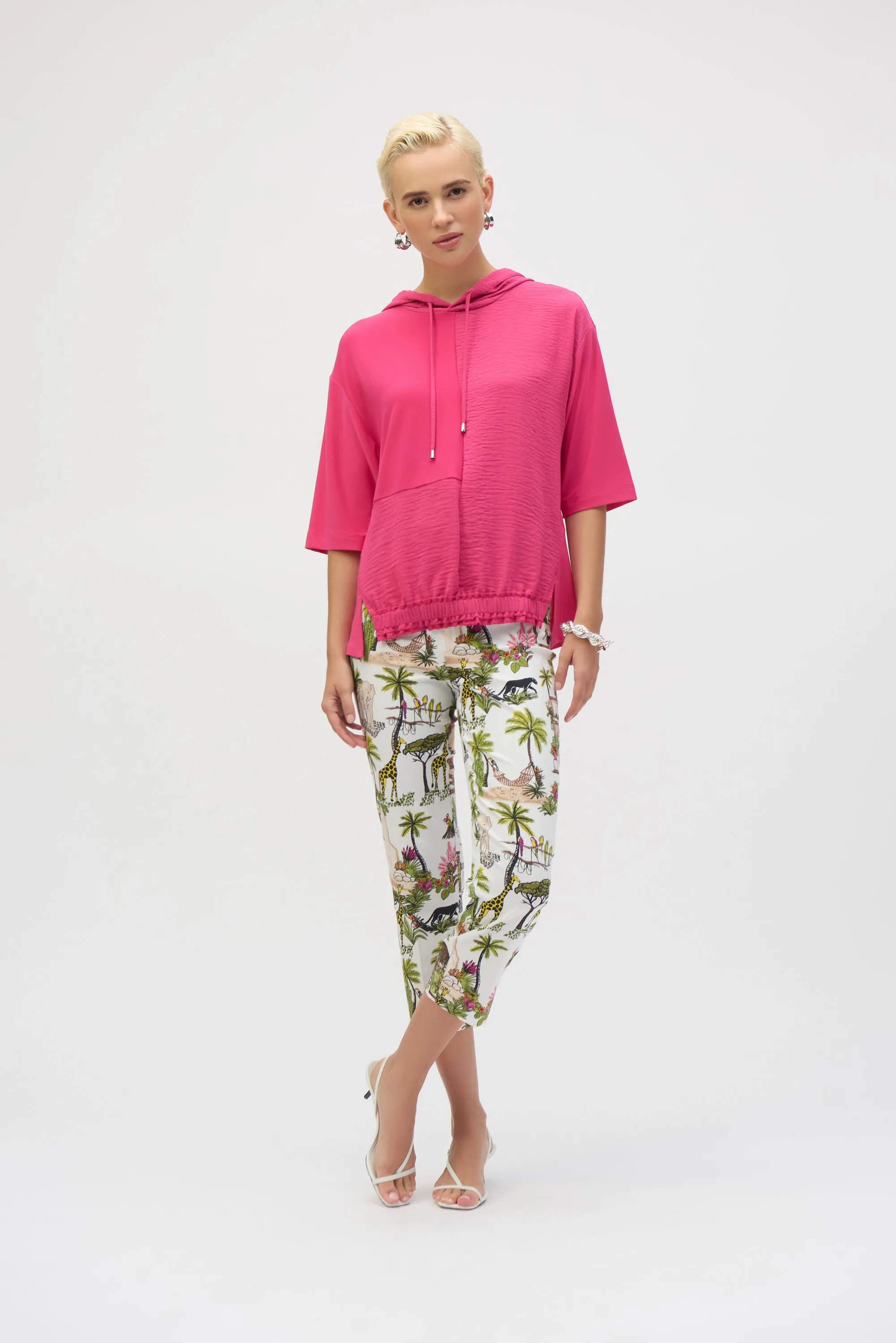 Geranium Pink Silky Knit and Gauze Hooded Boxy Top