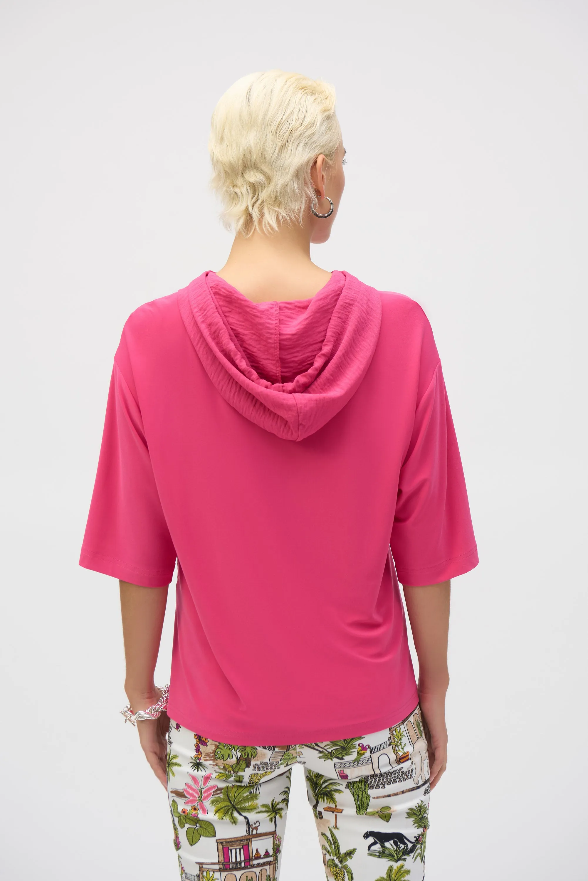 Geranium Pink Silky Knit and Gauze Hooded Boxy Top