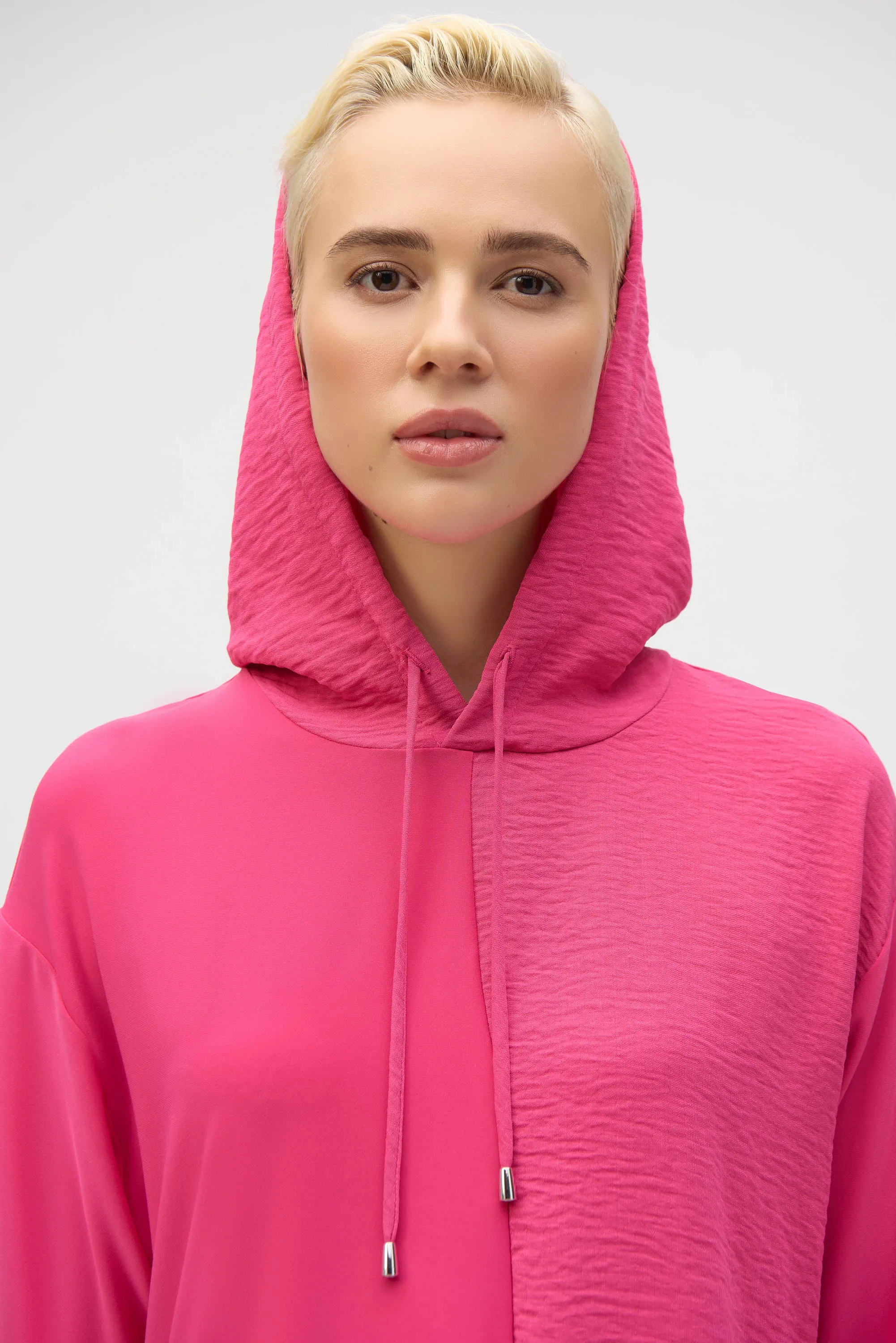 Geranium Pink Silky Knit and Gauze Hooded Boxy Top