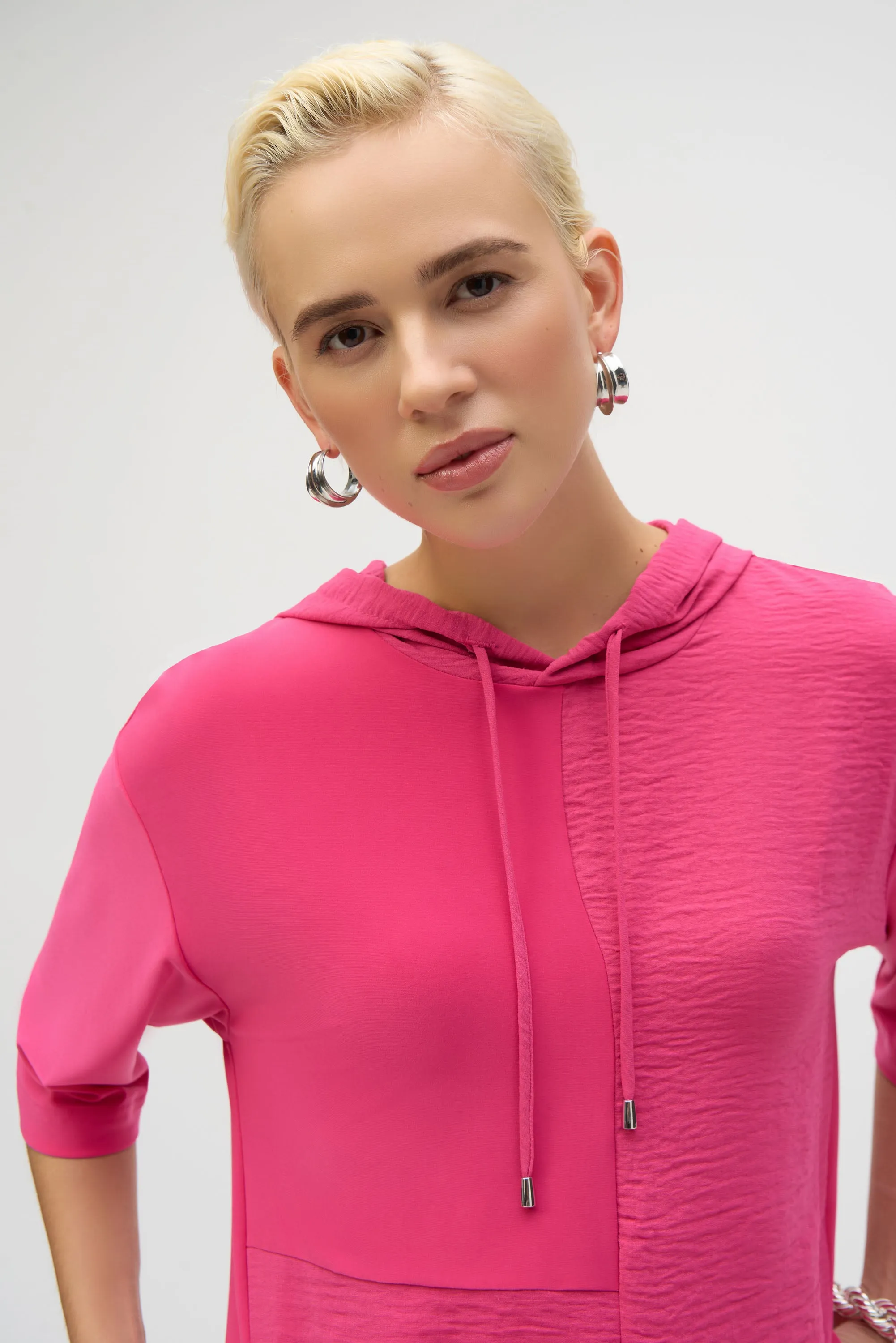 Geranium Pink Silky Knit and Gauze Hooded Boxy Top