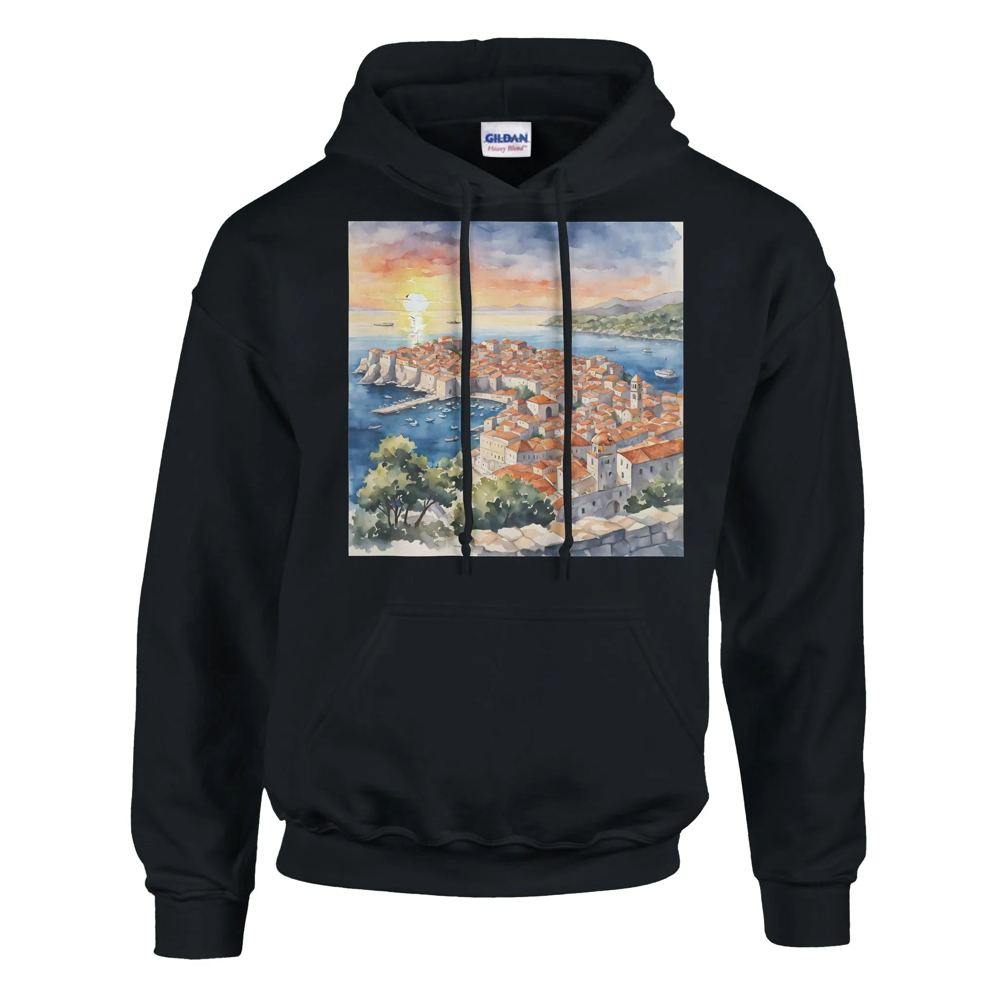 Golden Hour Over Dubrovnik: Watercolor Sunset Serenity Classic Unisex Pullover Hoodie | Gildan® 18500 (W)