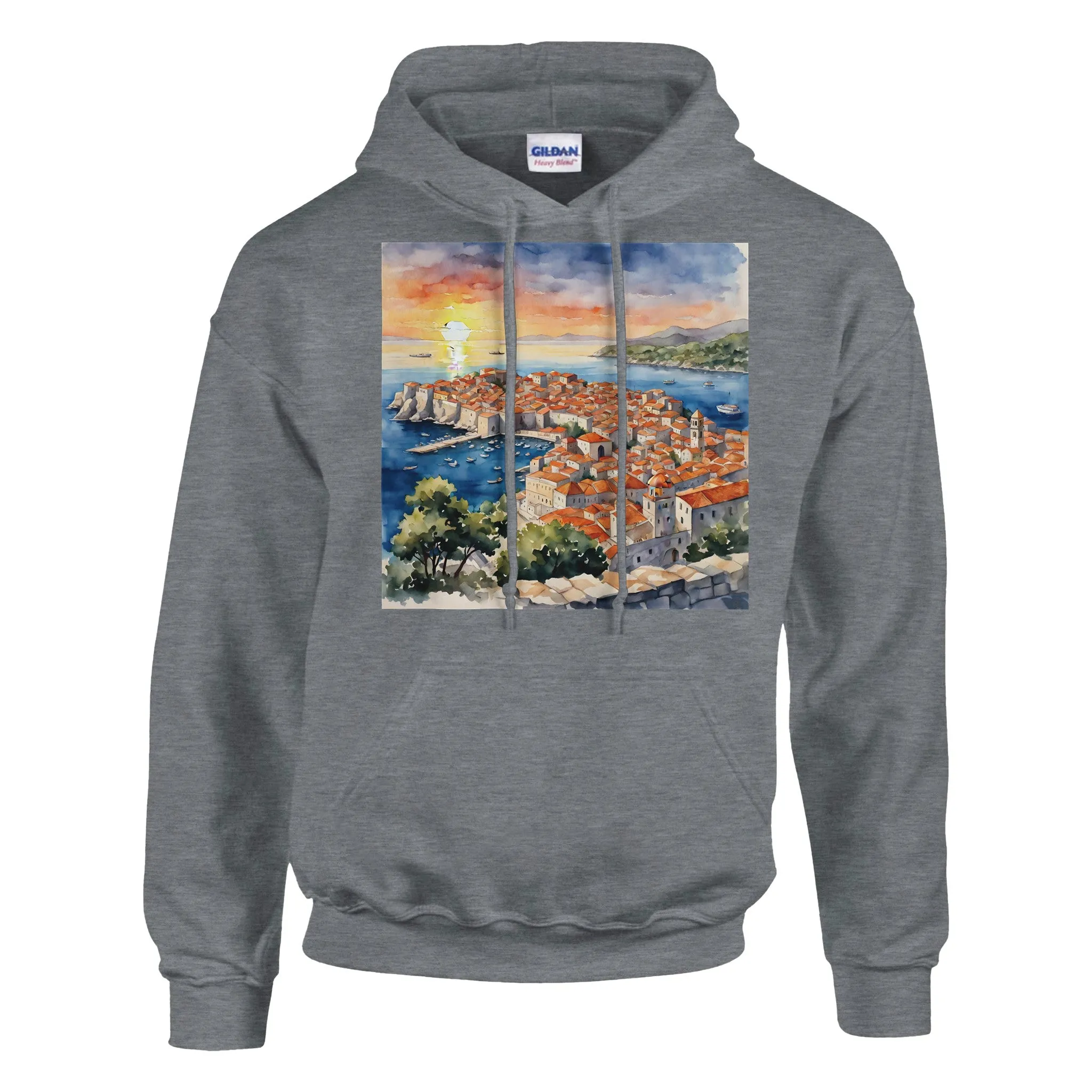 Golden Hour Over Dubrovnik: Watercolor Sunset Serenity Classic Unisex Pullover Hoodie | Gildan® 18500 (W)