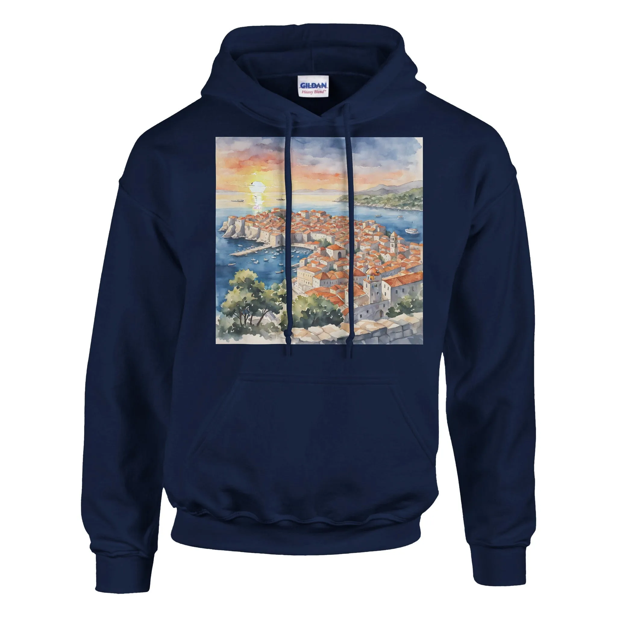 Golden Hour Over Dubrovnik: Watercolor Sunset Serenity Classic Unisex Pullover Hoodie | Gildan® 18500 (W)