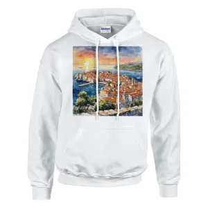 Golden Hour Over Dubrovnik: Watercolor Sunset Serenity Classic Unisex Pullover Hoodie | Gildan® 18500 (W)