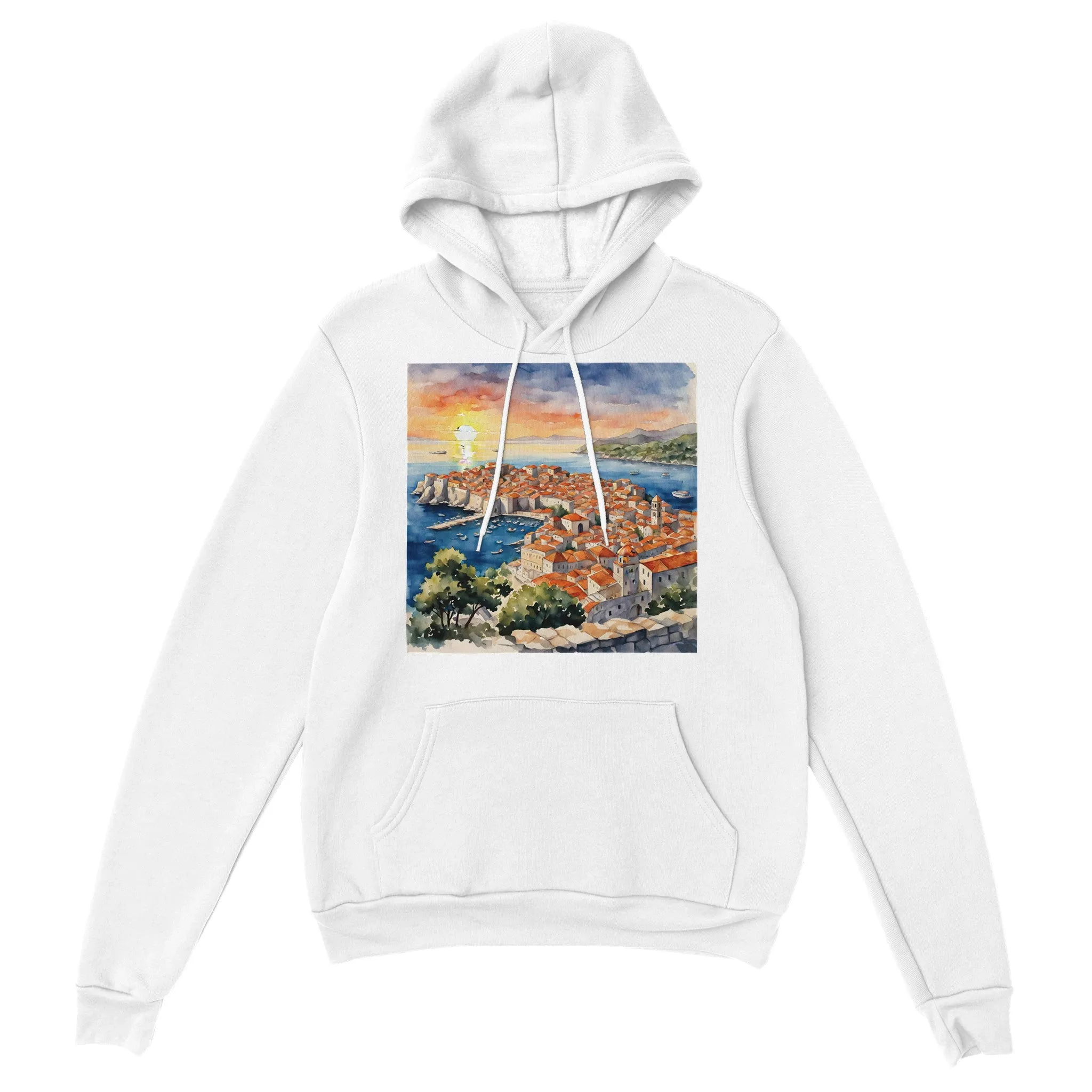 Golden Hour Over Dubrovnik: Watercolor Sunset Serenity Classic Unisex Pullover Hoodie | Gildan® 18500 (W)