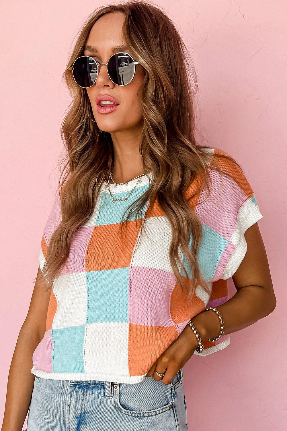 Grapefruit Orange Check The Facts Color Block Sweater-Green