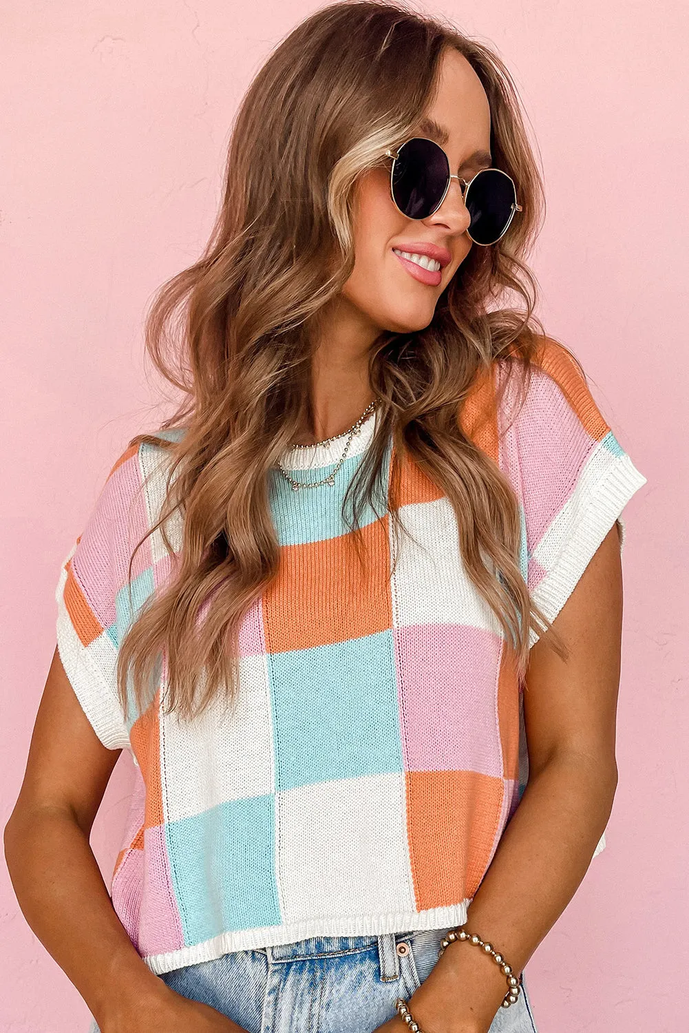 Grapefruit Orange Check The Facts Color Block Sweater-Green