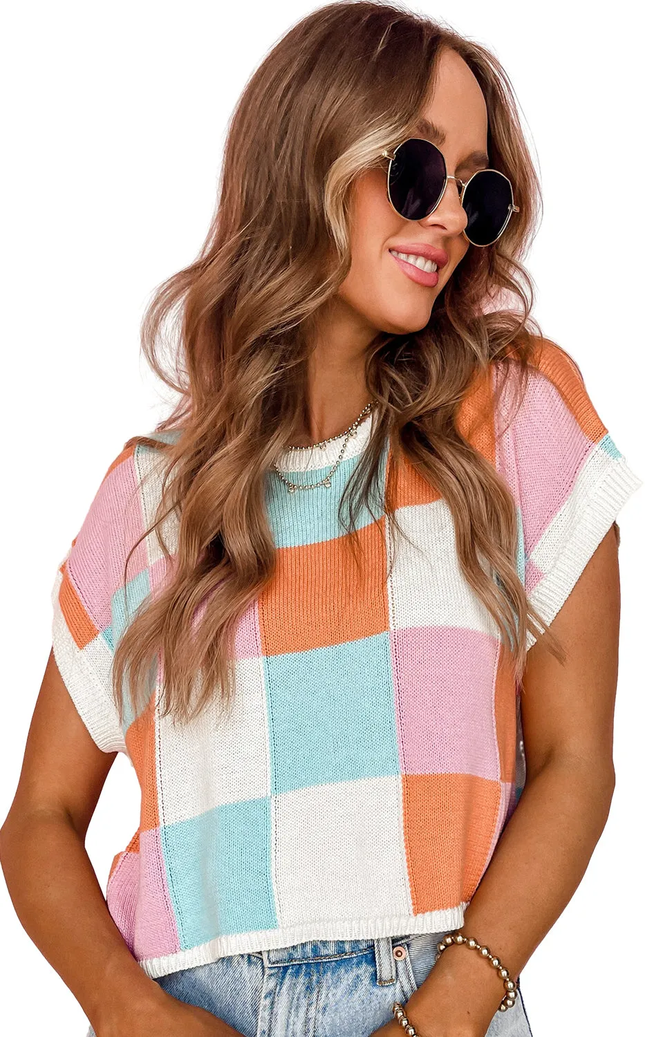 Grapefruit Orange Check The Facts Color Block Sweater-Green