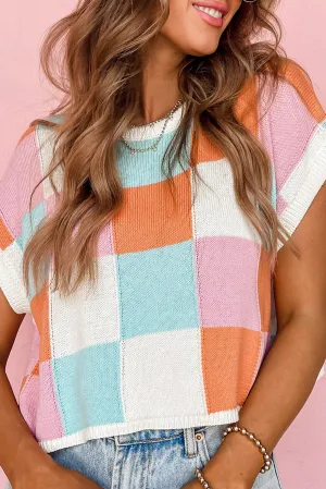 Grapefruit Orange Check The Facts Color Block Sweater-Green