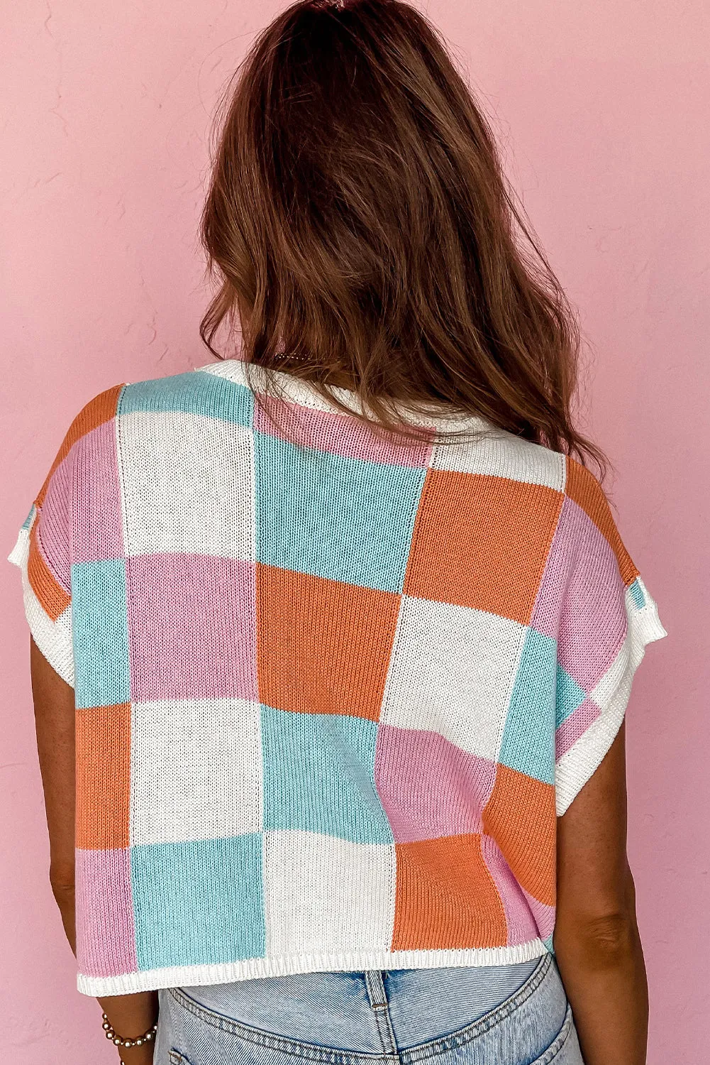 Grapefruit Orange Check The Facts Color Block Sweater-Green