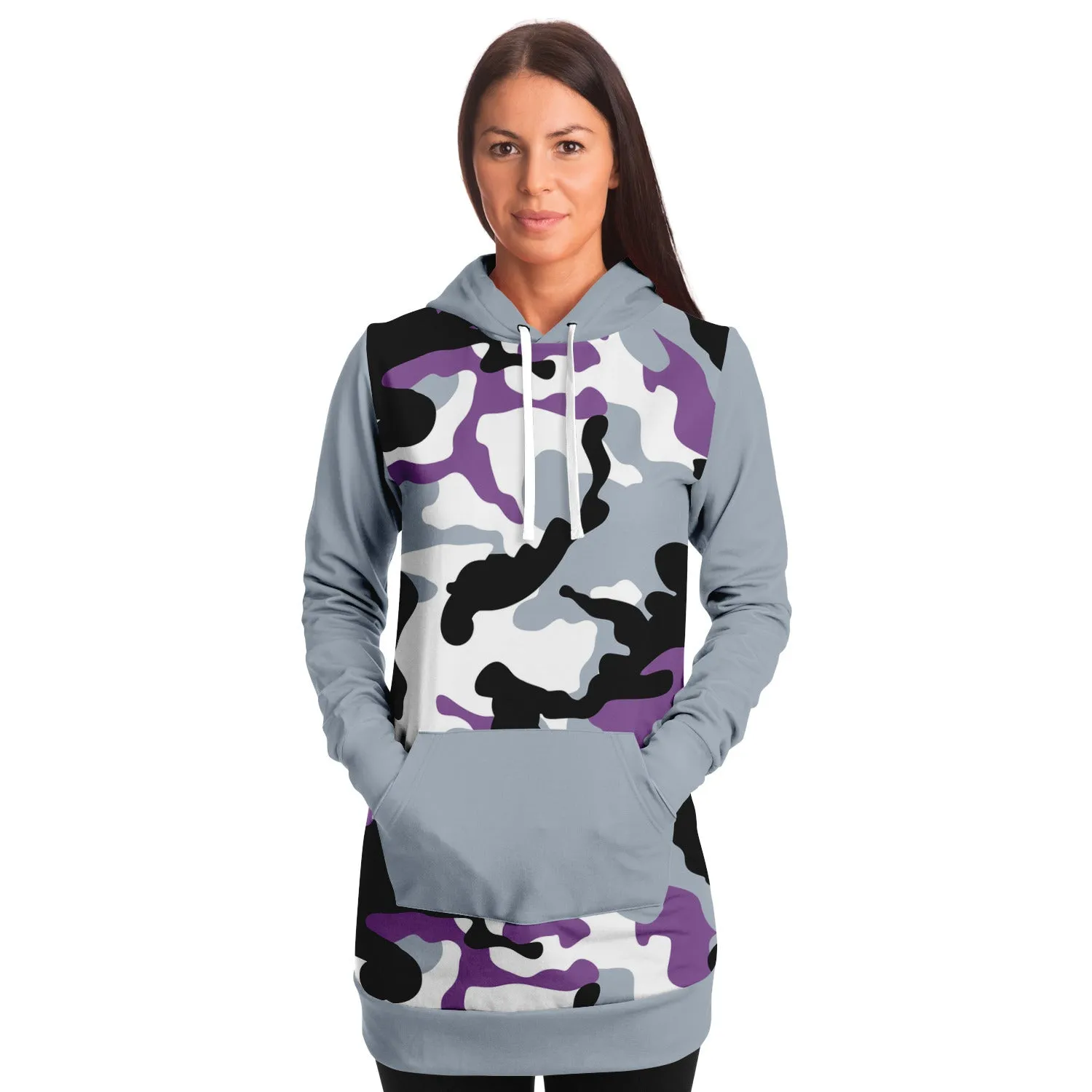 Gray and Purple Camouflage Longline Hoodie Dress With Solid Gray Sleeves, Pocket and Hood