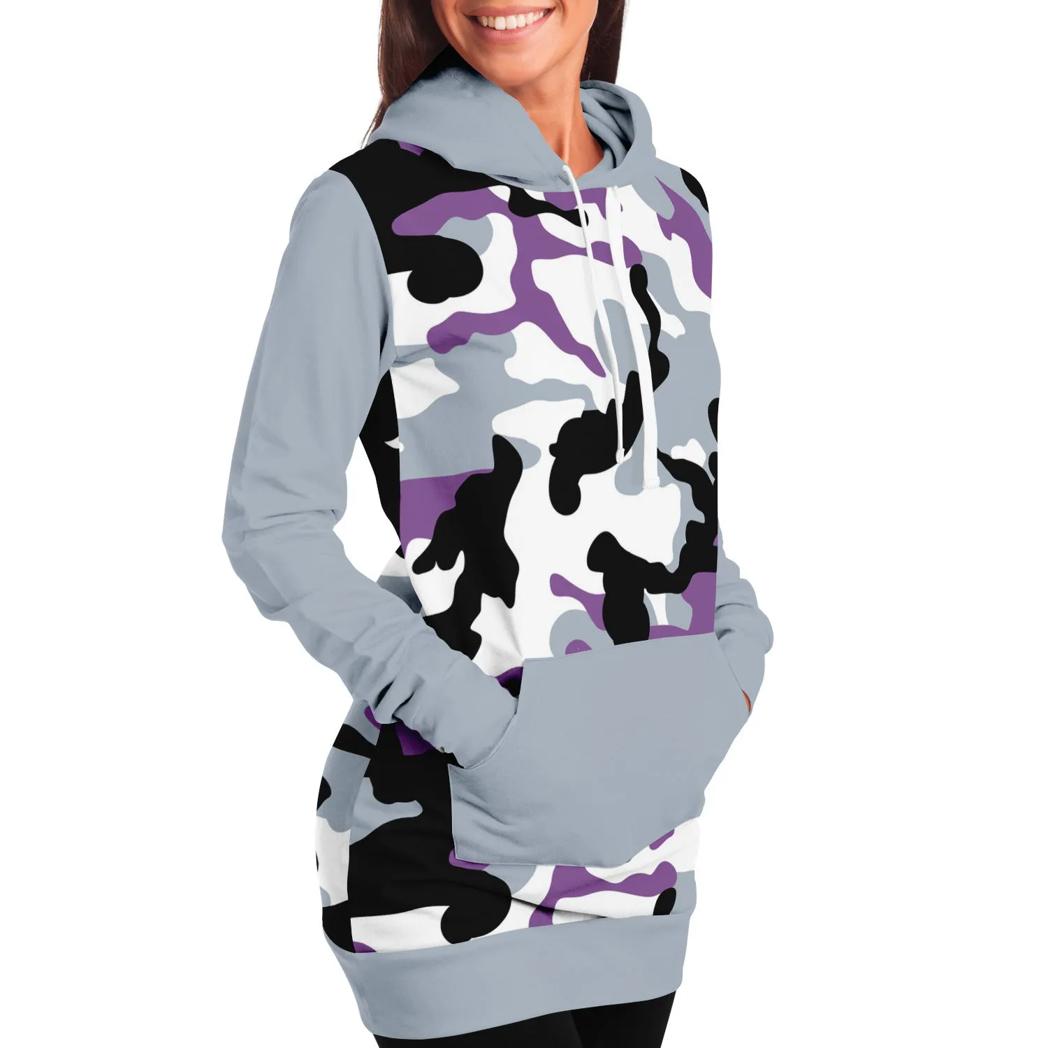 Gray and Purple Camouflage Longline Hoodie Dress With Solid Gray Sleeves, Pocket and Hood