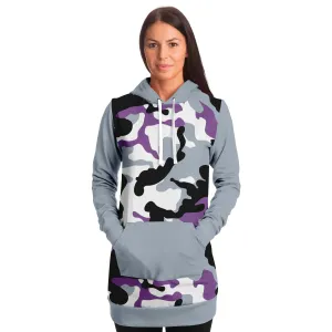 Gray and Purple Camouflage Longline Hoodie Dress With Solid Gray Sleeves, Pocket and Hood