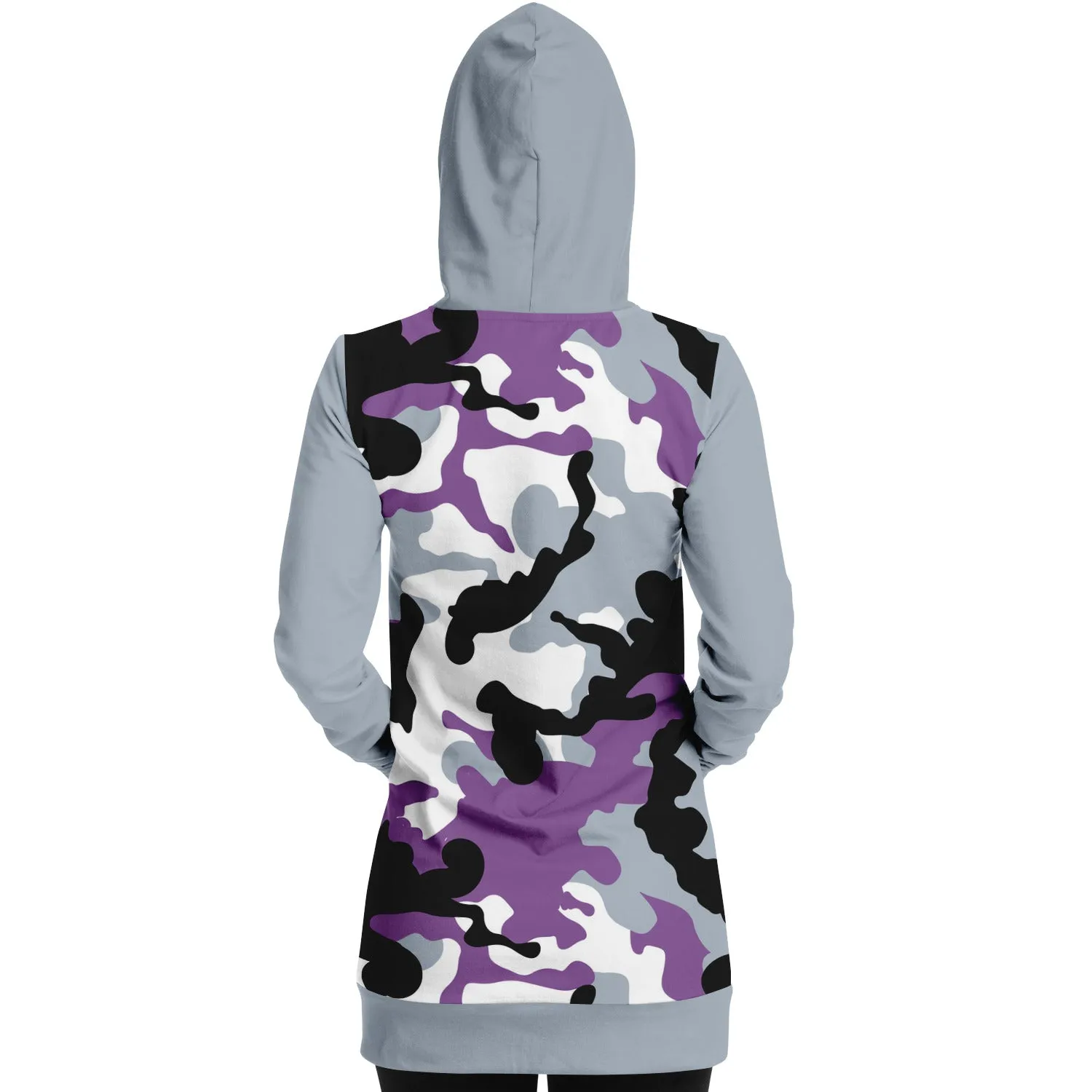 Gray and Purple Camouflage Longline Hoodie Dress With Solid Gray Sleeves, Pocket and Hood