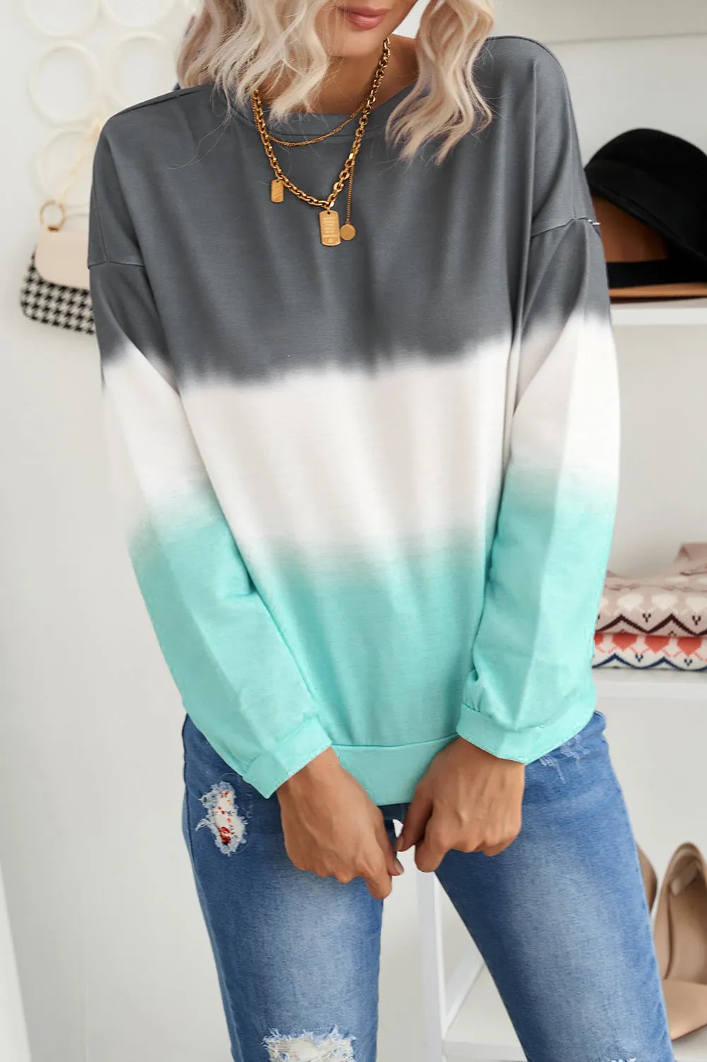 Gray Color Block Tie Dye Pullover Sweatshirt