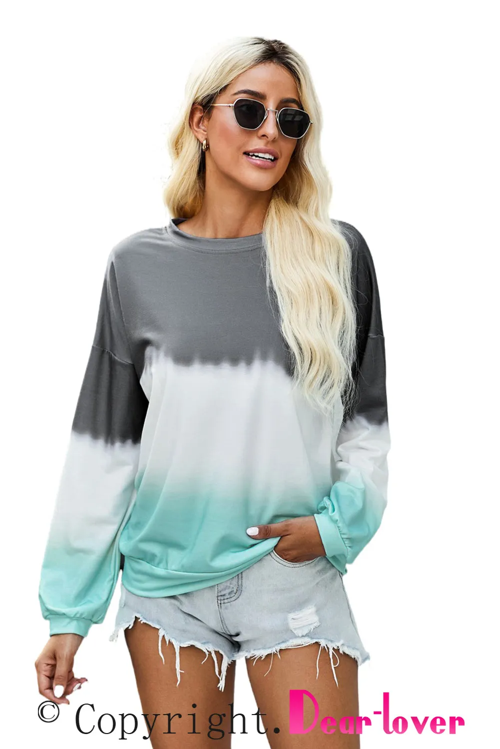 Gray Color Block Tie Dye Pullover Sweatshirt