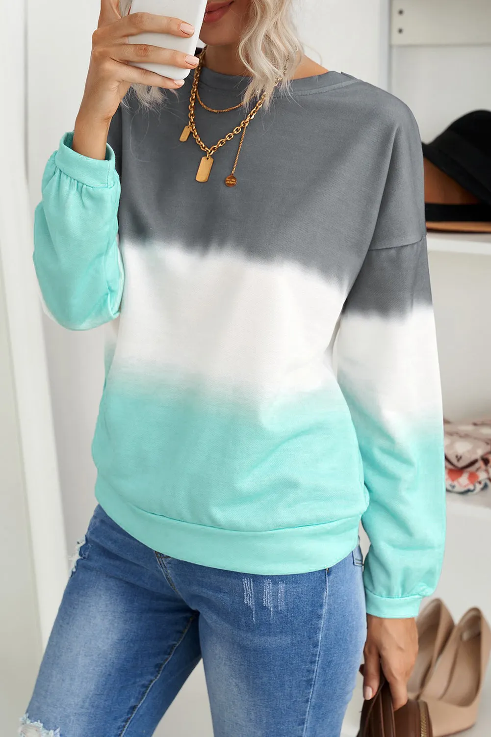 Gray Color Block Tie Dye Pullover Sweatshirt
