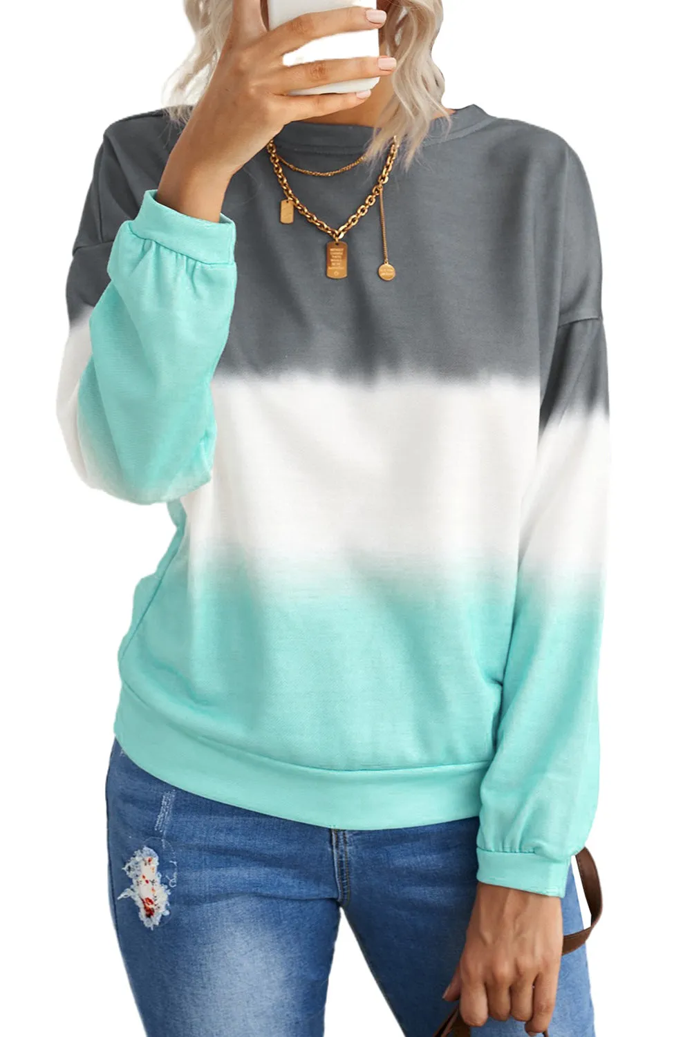 Gray Color Block Tie Dye Pullover Sweatshirt