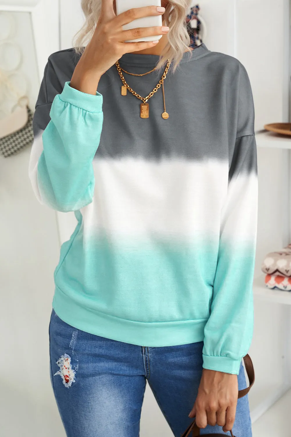Gray Color Block Tie Dye Pullover Sweatshirt