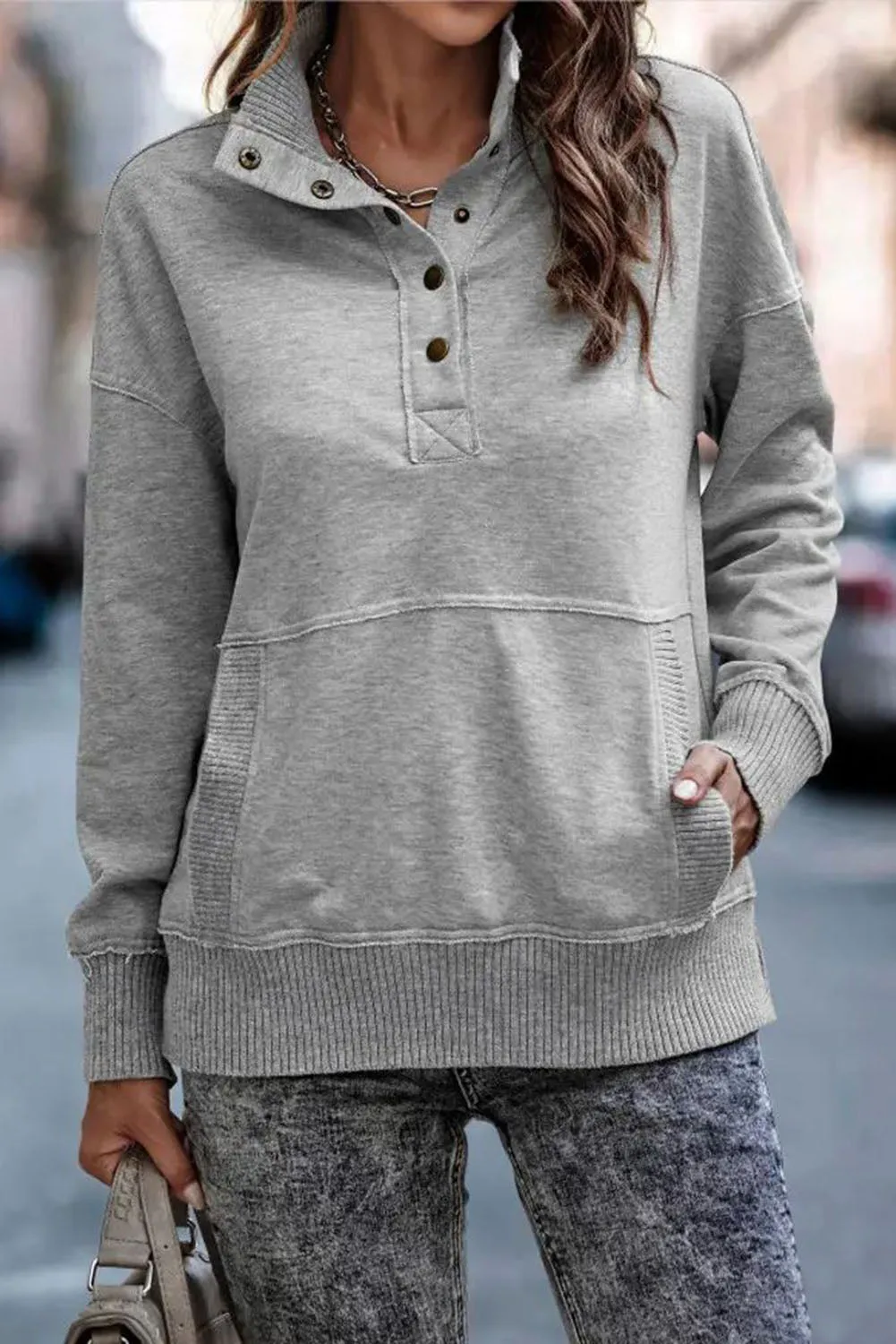 Gray Ribbed Hem Snap Button Neckline Sweatshirt with Pocket