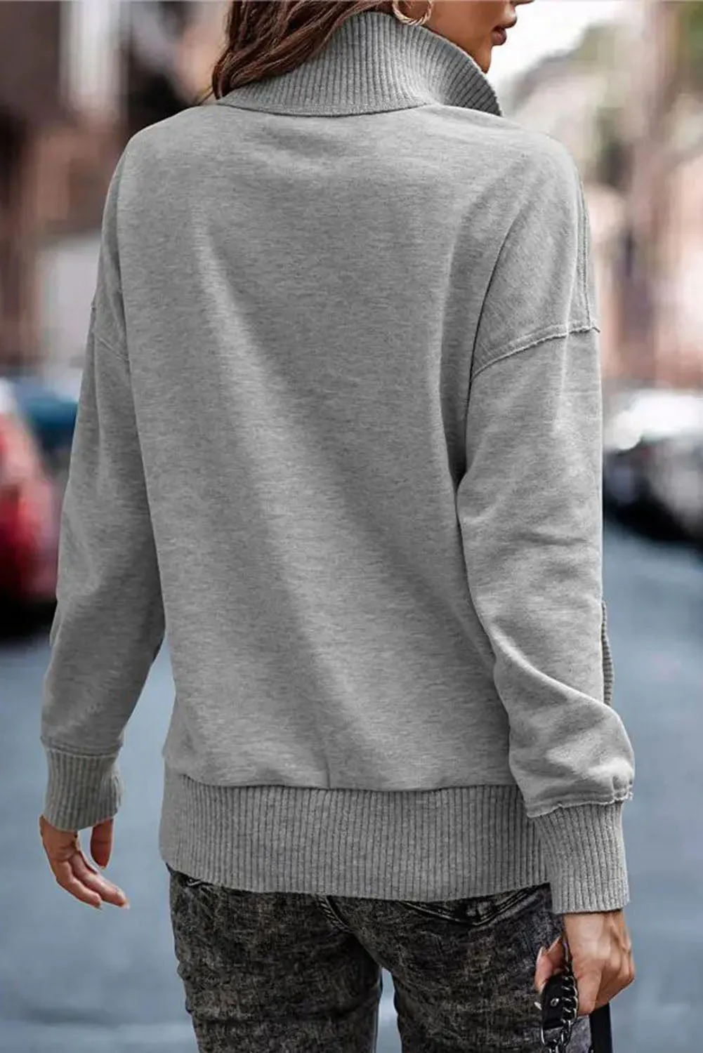 Gray Ribbed Hem Snap Button Neckline Sweatshirt with Pocket