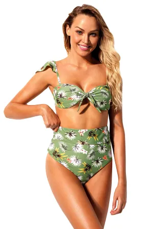 Green Floral Print Versatile Bandeau Bikini High Waist Swimsuit