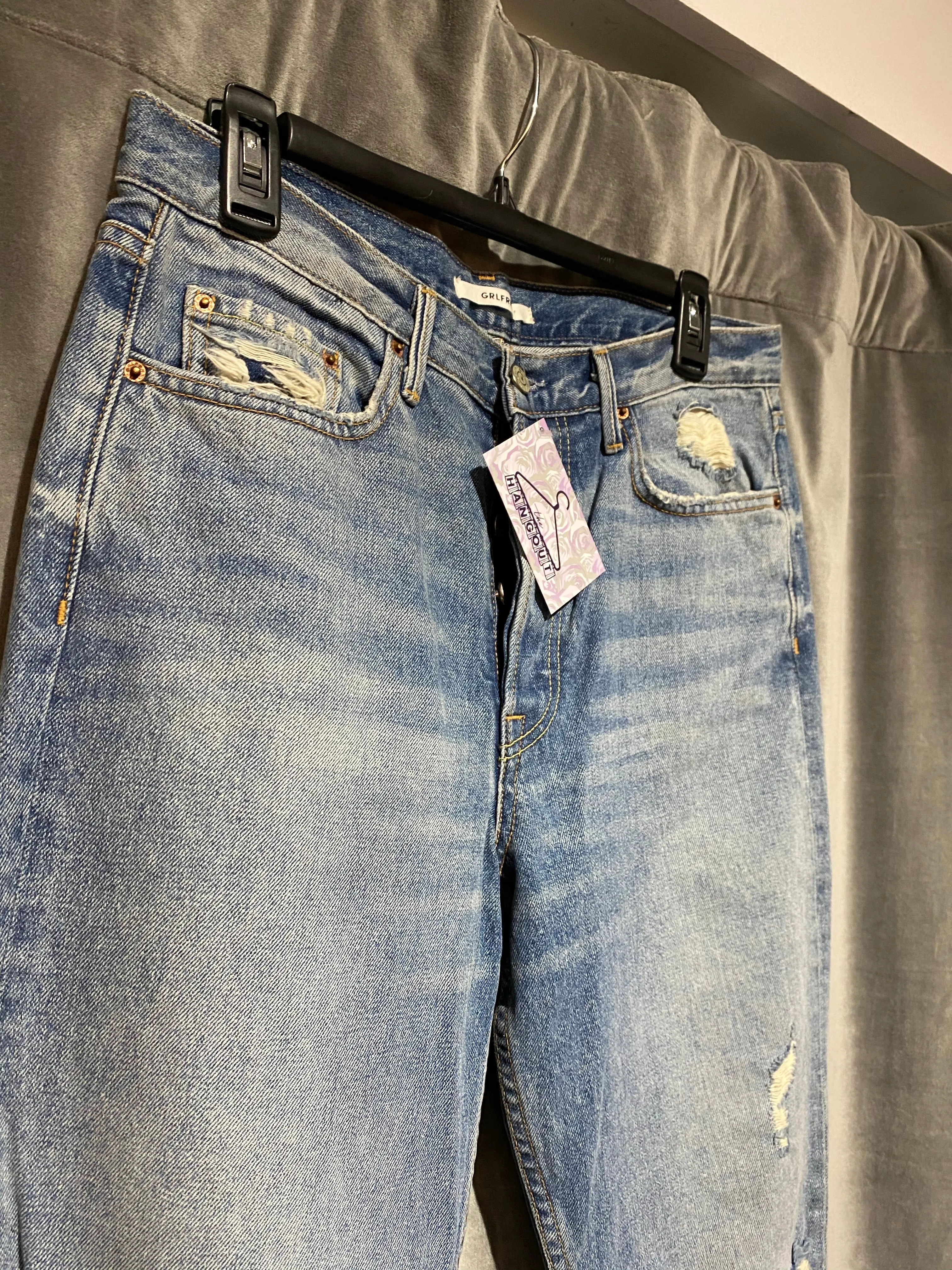 GRLFRND Natalia High Rise Lightwash Jeans with Rips and Slit Bottoms