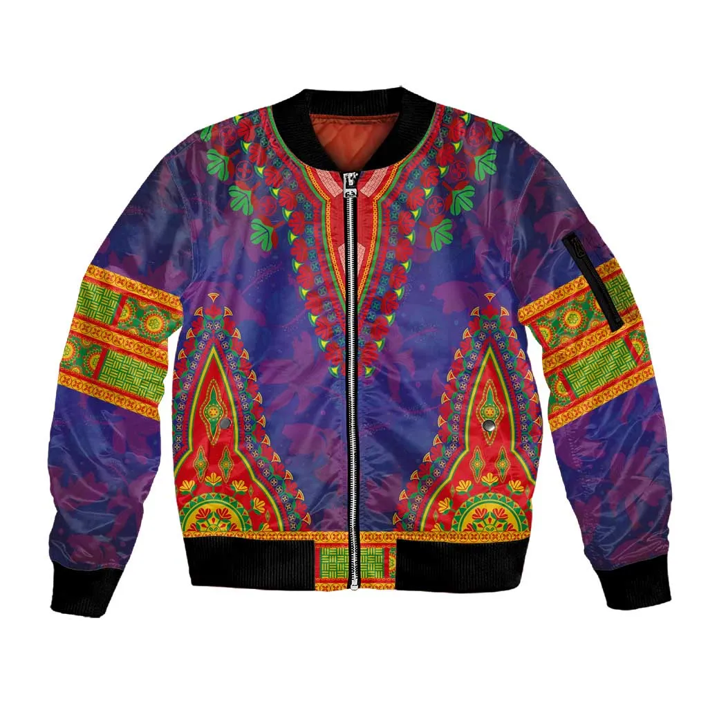 Haiti Sleeve Zip Bomber Jacket Choeblack Dashiki Style Blue Color LT03