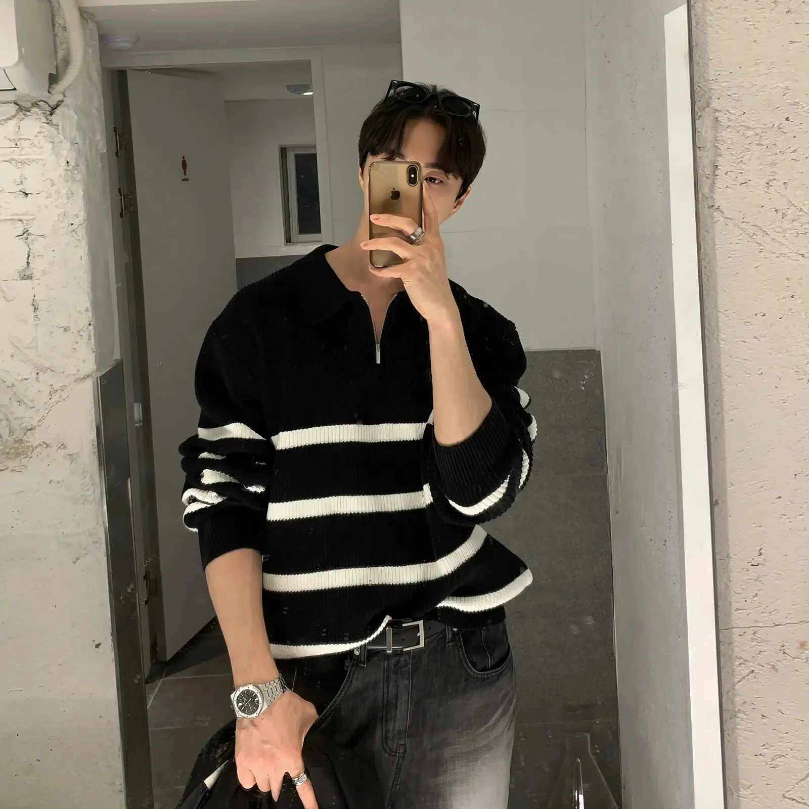 Half-zip Lapel Striped Sweater