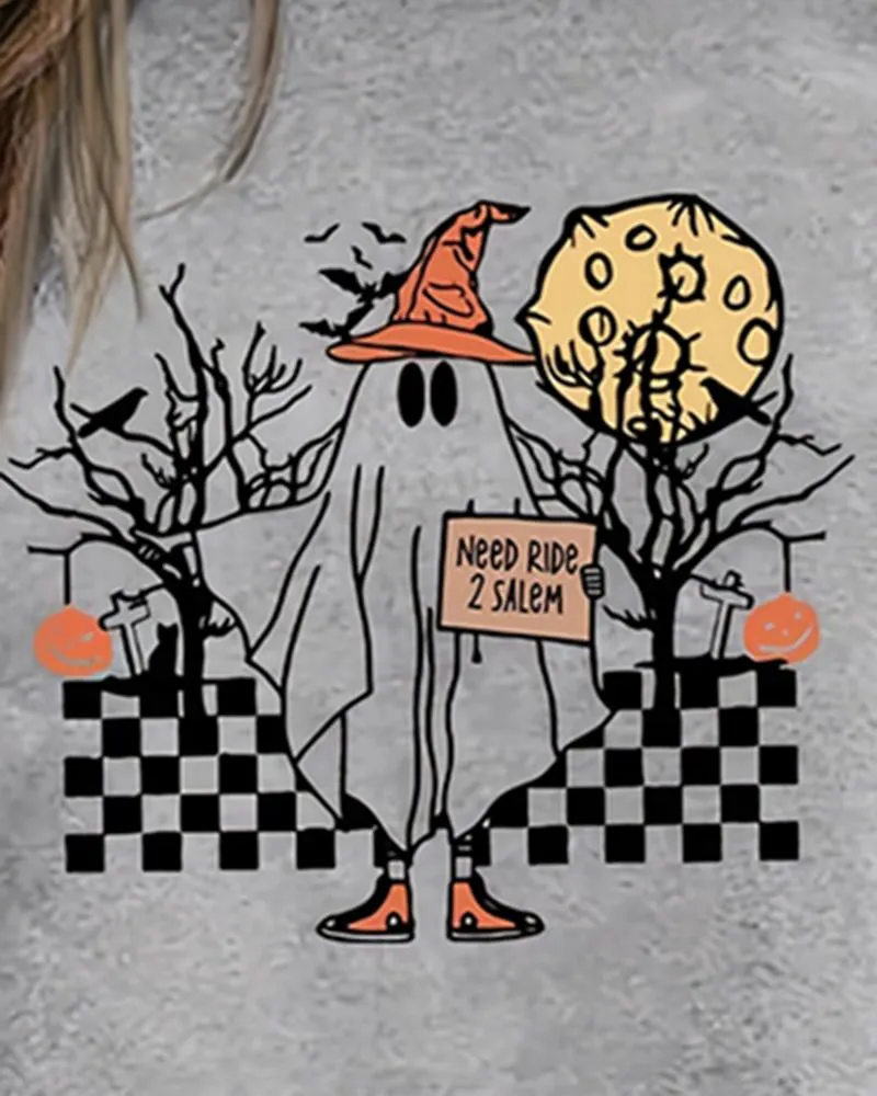 Halloween Ghost Graphic Print Crew Neck Sweatshirt