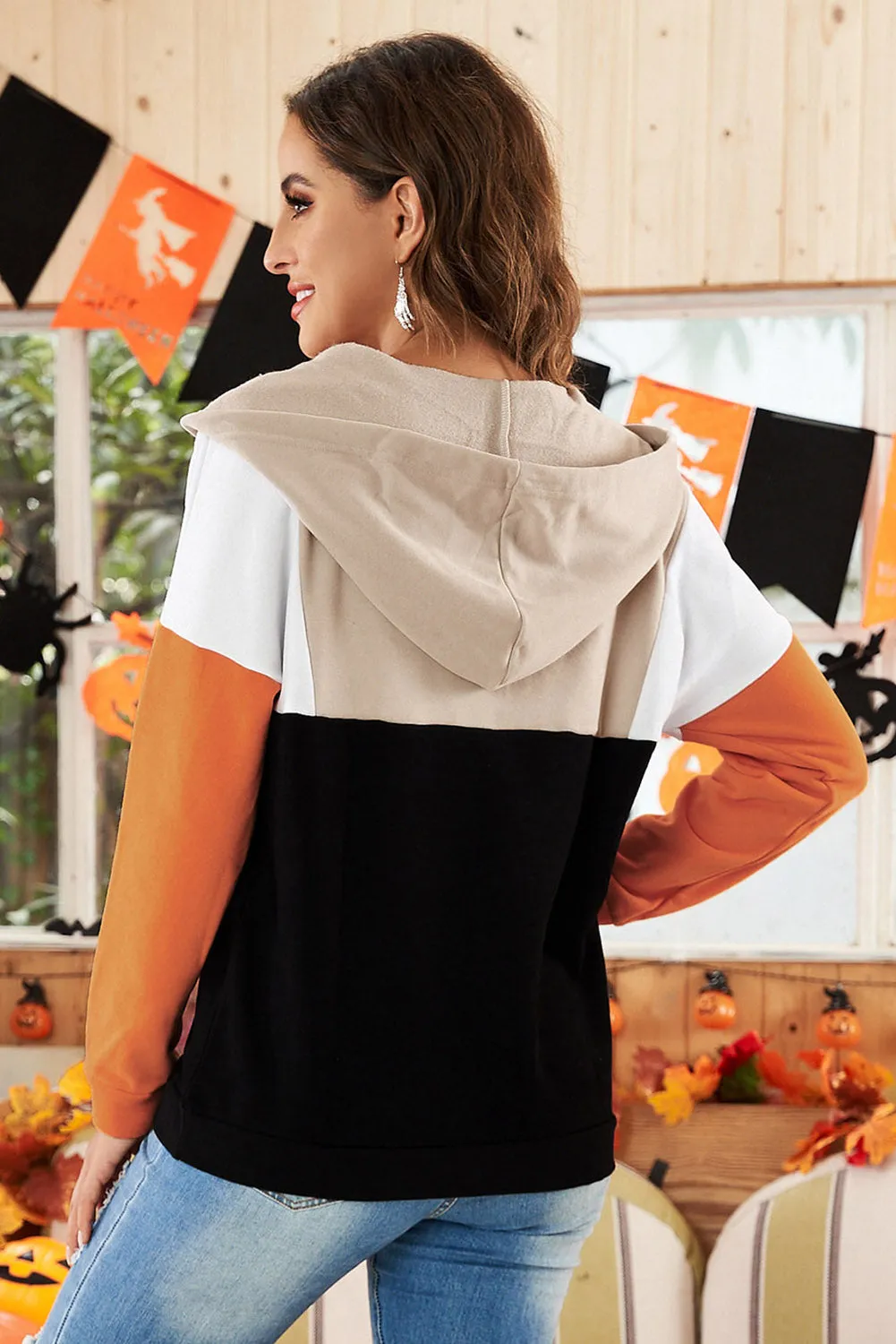 Halloween Pumpkin Face Color Block Quarter Zip Hoodie