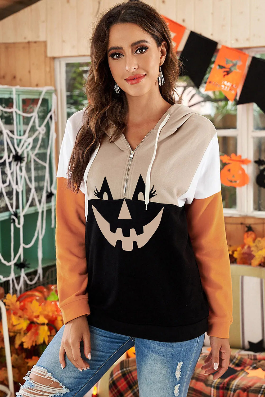 Halloween Pumpkin Face Color Block Quarter Zip Hoodie
