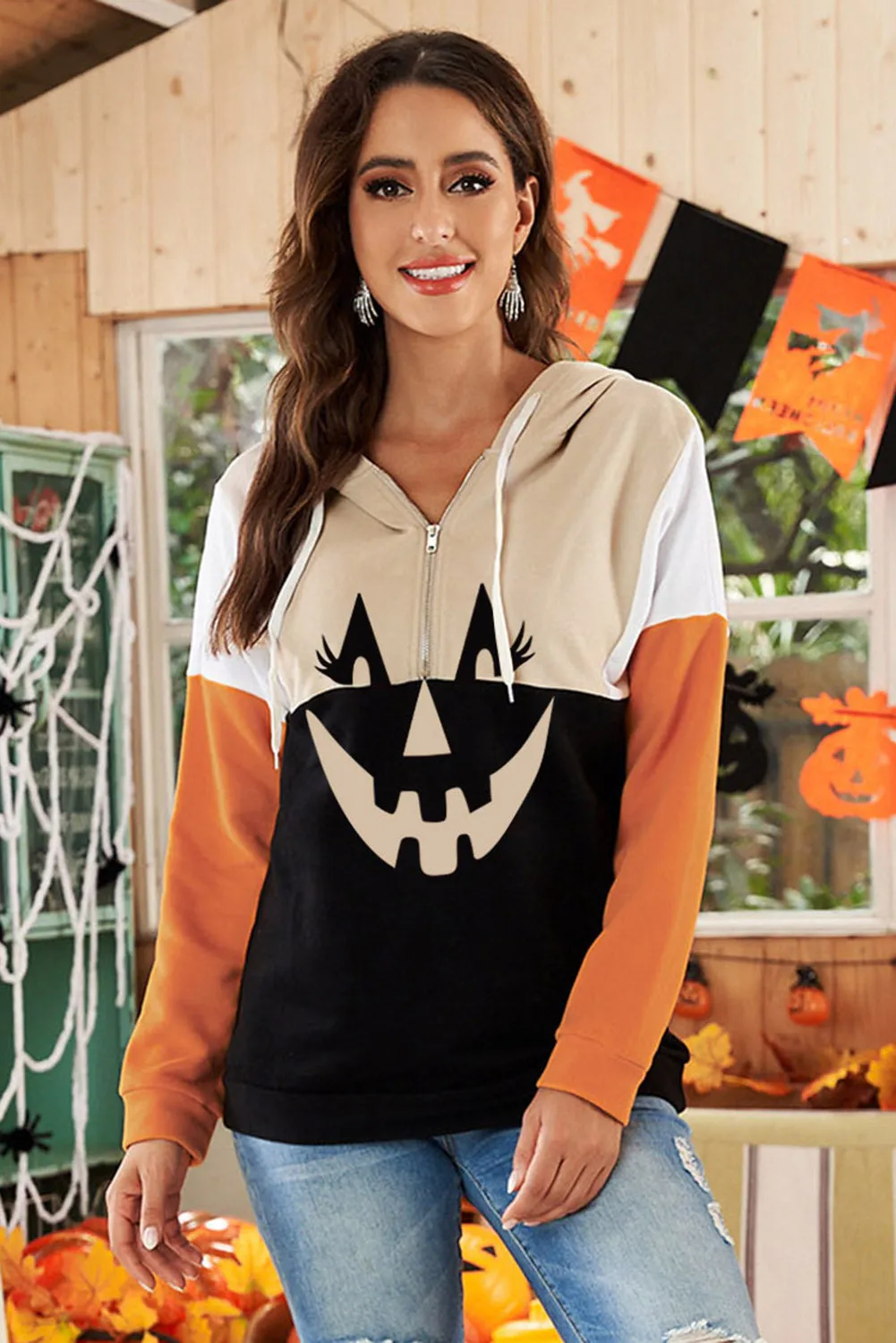 Halloween Pumpkin Face Color Block Quarter Zip Hoodie