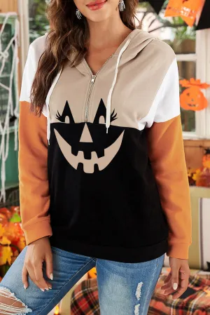 Halloween Pumpkin Face Color Block Quarter Zip Hoodie