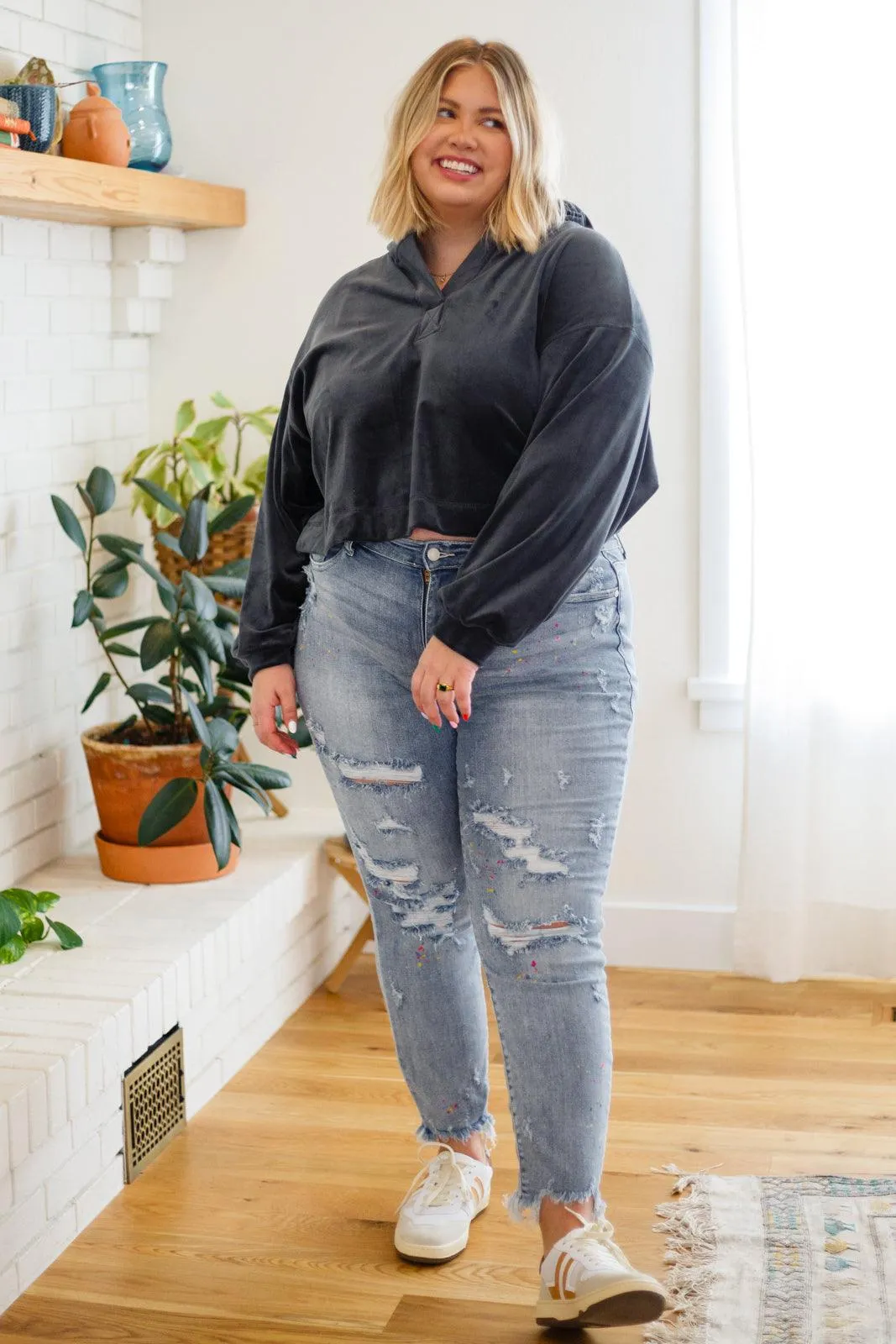 Hazel Blues® |  Velvet Icon Hoodie In Grey Blue