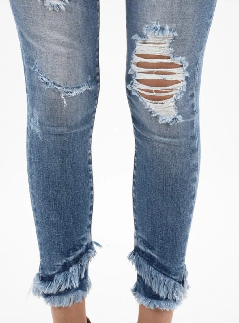 KanCan Mid Rise Ankle Skinny Double Frayed Hem