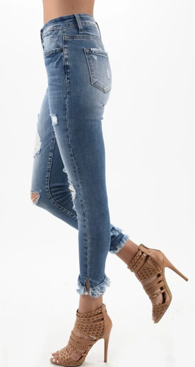 KanCan Mid Rise Ankle Skinny Double Frayed Hem