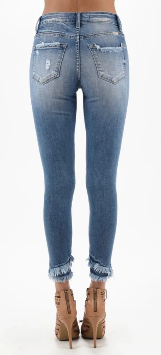 KanCan Mid Rise Ankle Skinny Double Frayed Hem