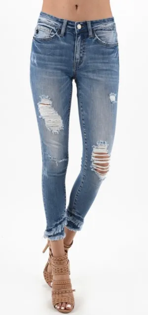 KanCan Mid Rise Ankle Skinny Double Frayed Hem