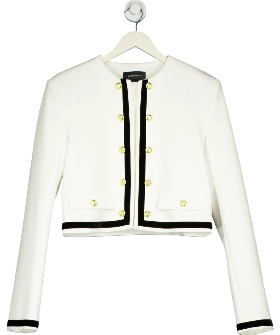 Karen Millen White Tall Compact Stretch Velvet Contrast Collarless Sleeveless Jacket UK 10