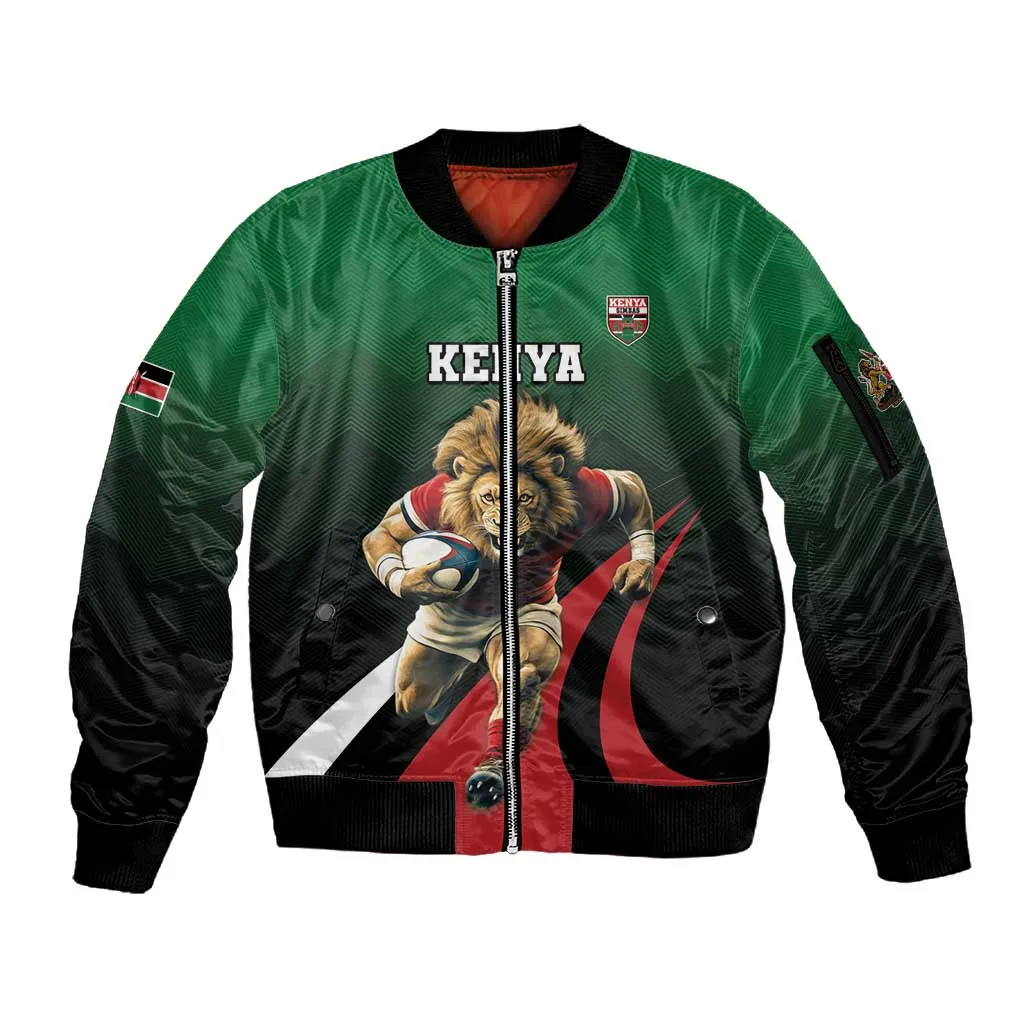 Kenya Rugby Custom Sleeve Zip Bomber Jacket Simbas Mascot - Sporty Style LT15