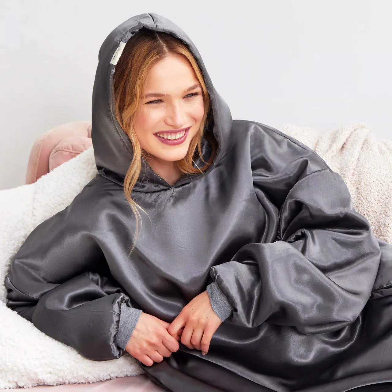 Kitsch Glazey Satin Hoodie in Charcoal