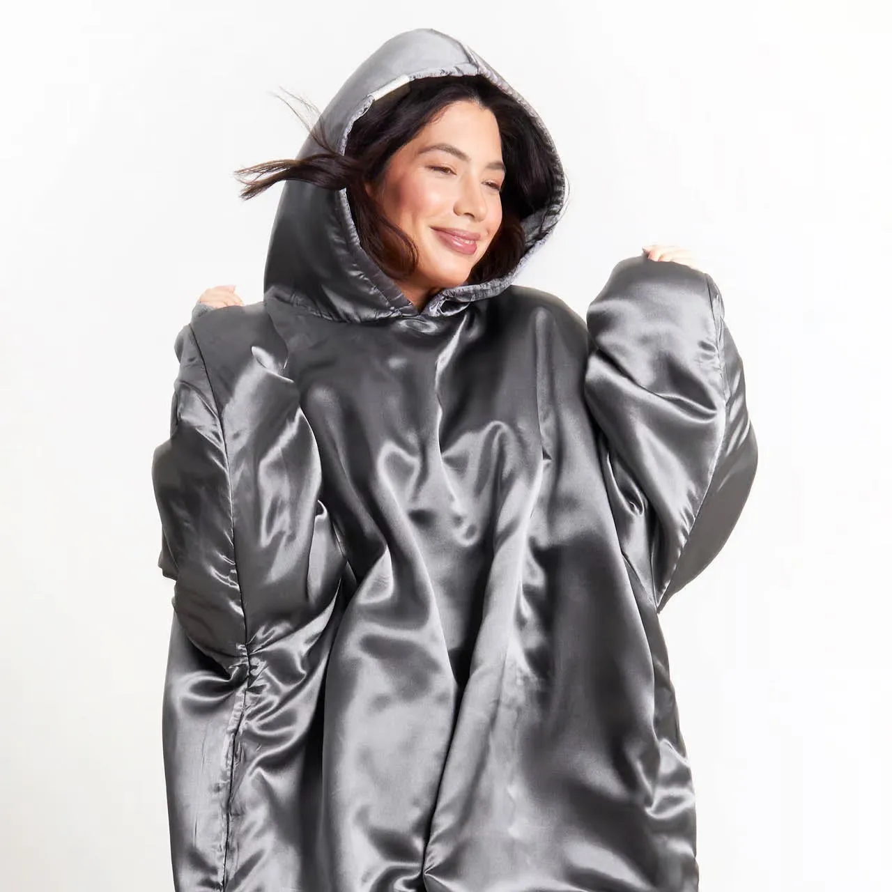 Kitsch Glazey Satin Hoodie in Charcoal