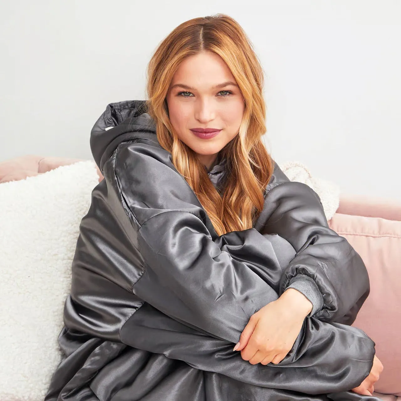 Kitsch Glazey Satin Hoodie in Charcoal