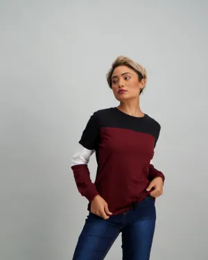 Ladies Colour Block Fleece Top - Burgundy