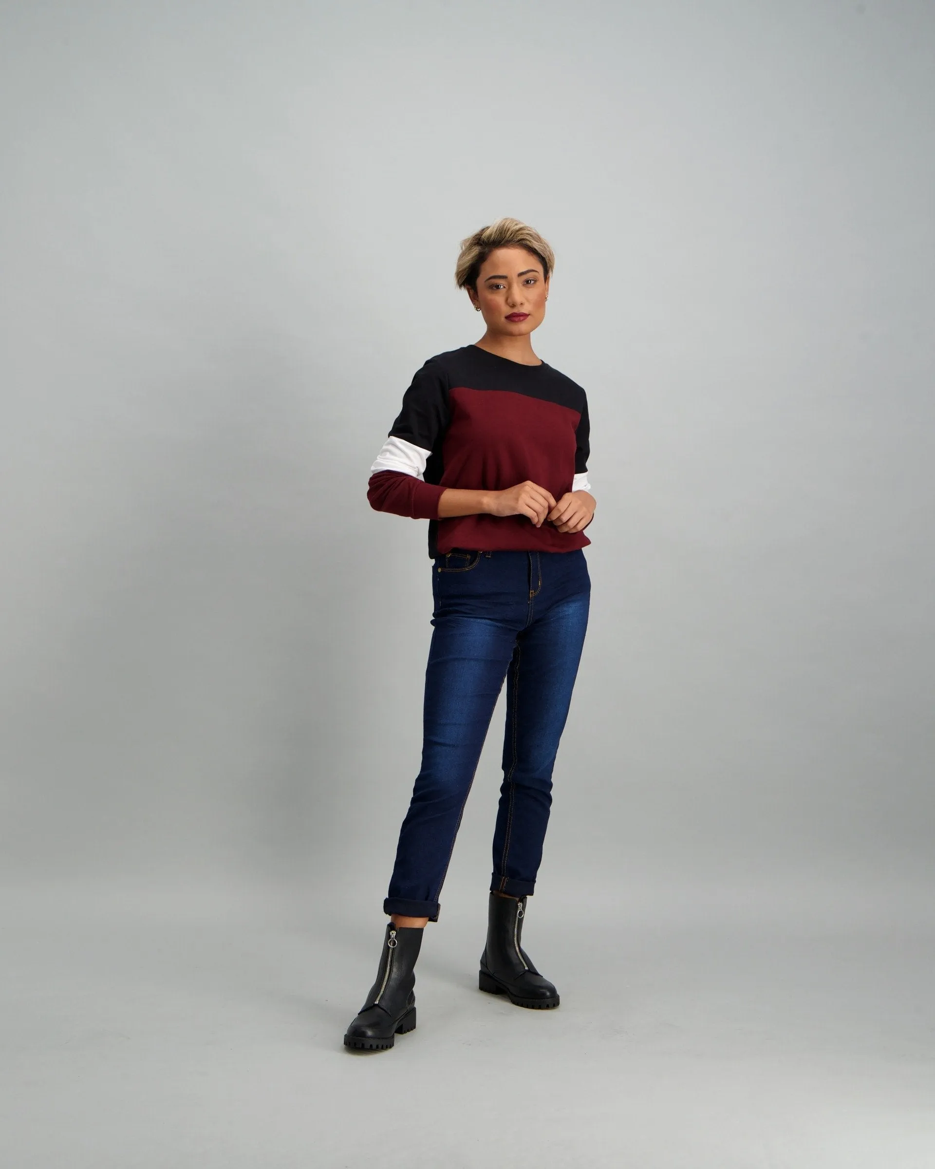 Ladies Colour Block Fleece Top - Burgundy